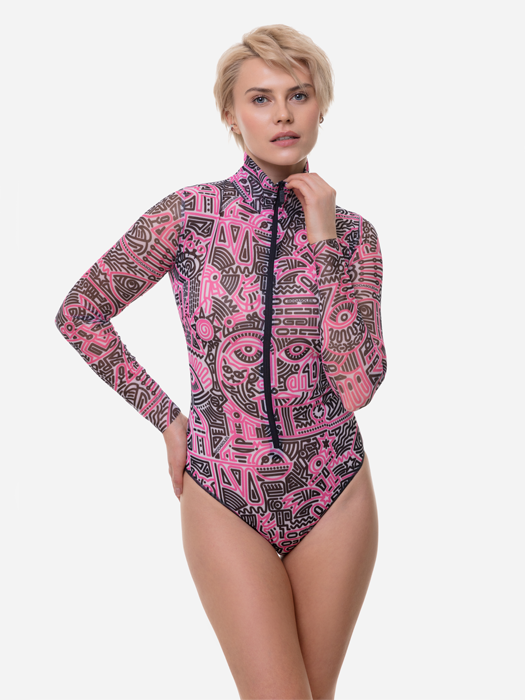 Слитный купальник с рукавом и молнией Rodasoleil "Doodling Fucsia" 