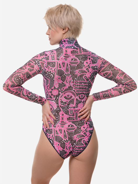 Слитный купальник с рукавом и молнией Rodasoleil "Doodling Fucsia" 