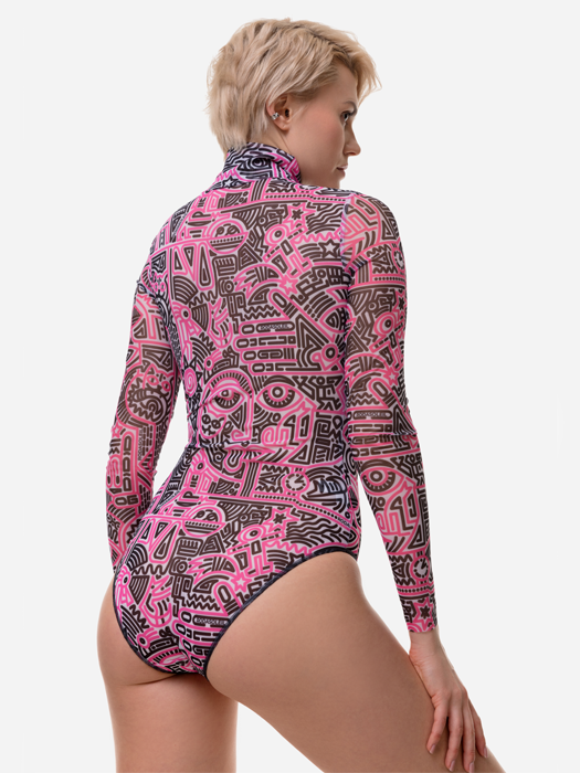 Слитный купальник с рукавом и молнией Rodasoleil "Doodling Fucsia" 