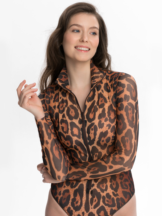 Слитный купальник с рукавом и молнией Rodasoleil "Леопард 25" 