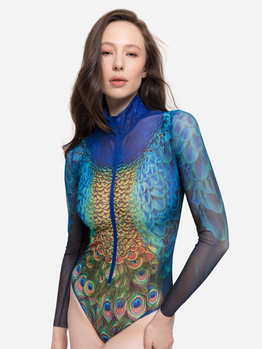 Слитный купальник с рукавом и молнией Rodasoleil "Павлин Маюра"
