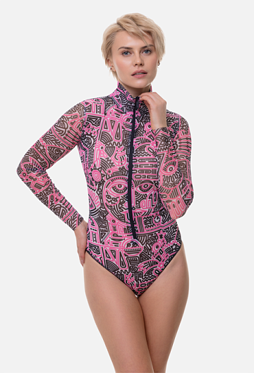Слитный купальник с рукавом и молнией Rodasoleil "Doodling Fucsia" 
