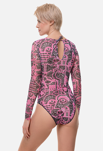 Слитный купальник с рукавом Rodasoleil "Doodling Fucsia" 