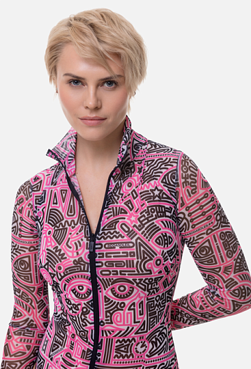 Слитный купальник с рукавом и молнией Rodasoleil "Doodling Fucsia" 