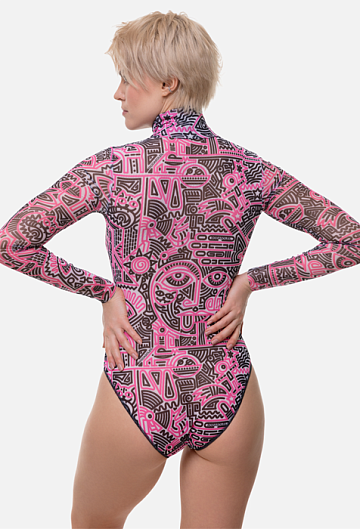 Слитный купальник с рукавом и молнией Rodasoleil "Doodling Fucsia"  – фото 2