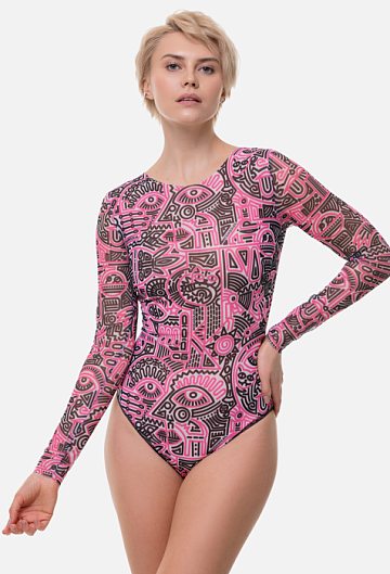 Слитный купальник с рукавом Rodasoleil "Doodling Fucsia" 