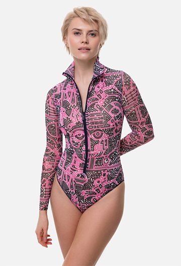 Слитный купальник с рукавом и молнией Rodasoleil "Doodling Fucsia"  – фото 3