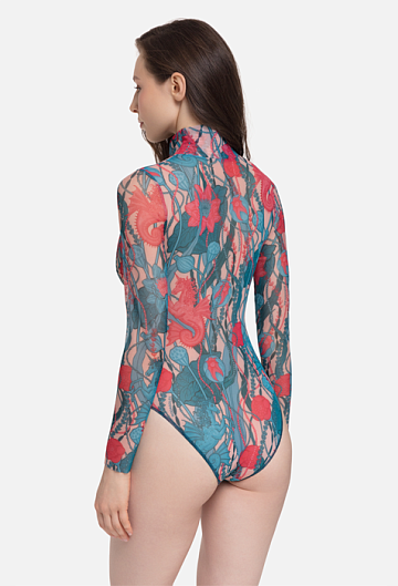 Слитный купальник с рукавом и молнией Rodasoleil "Морские единороги" 
